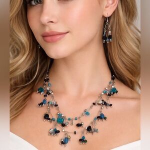 NWT A&I Trendy Beads Shell Blue Layered Necklace and Earrings Set